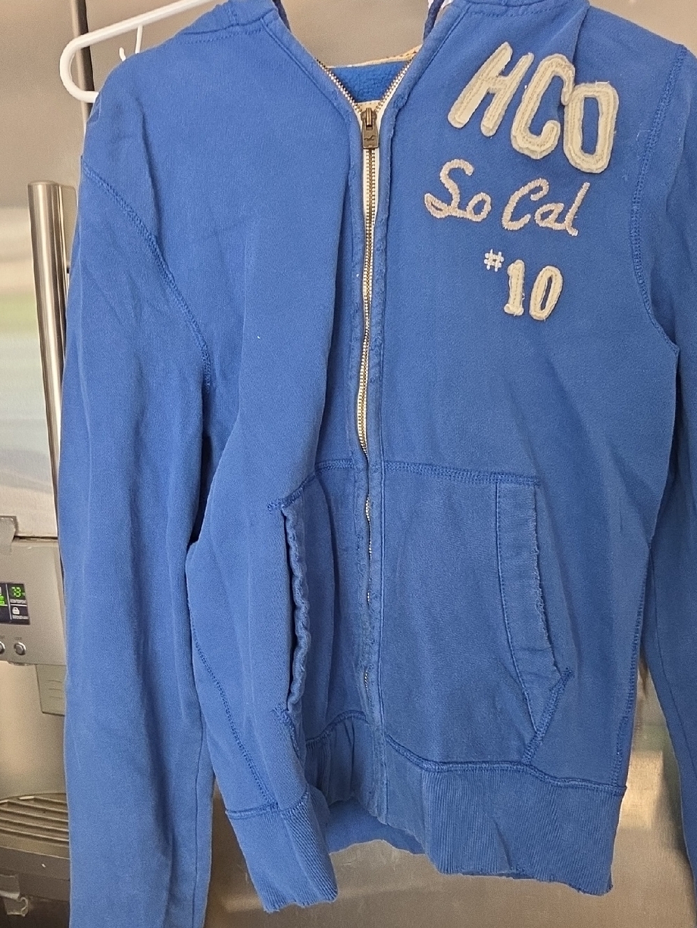 Hollister Blue and Cream Zip Hoodie with Maroon Logo